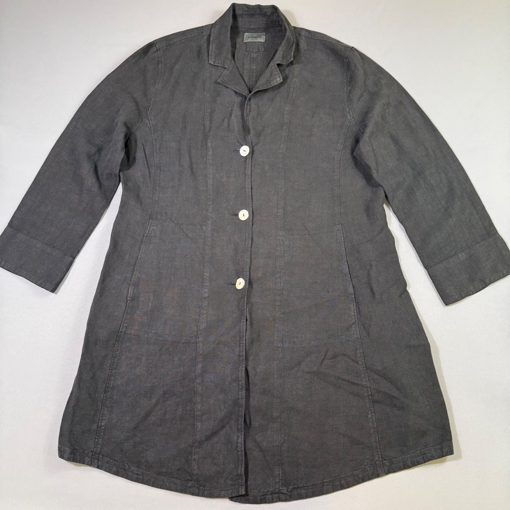 OSKA Linen Duster Coat Womens Size 4 Charcoal Grey Longline Button Front Jacket